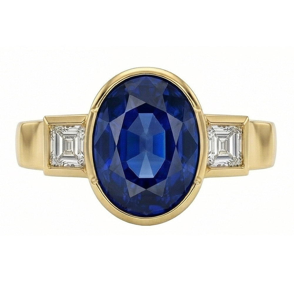 3.61 Ct Natural Earth Mined Diamonds 3-Stone Sri Lanka Blue Sapphire Bezel Ring