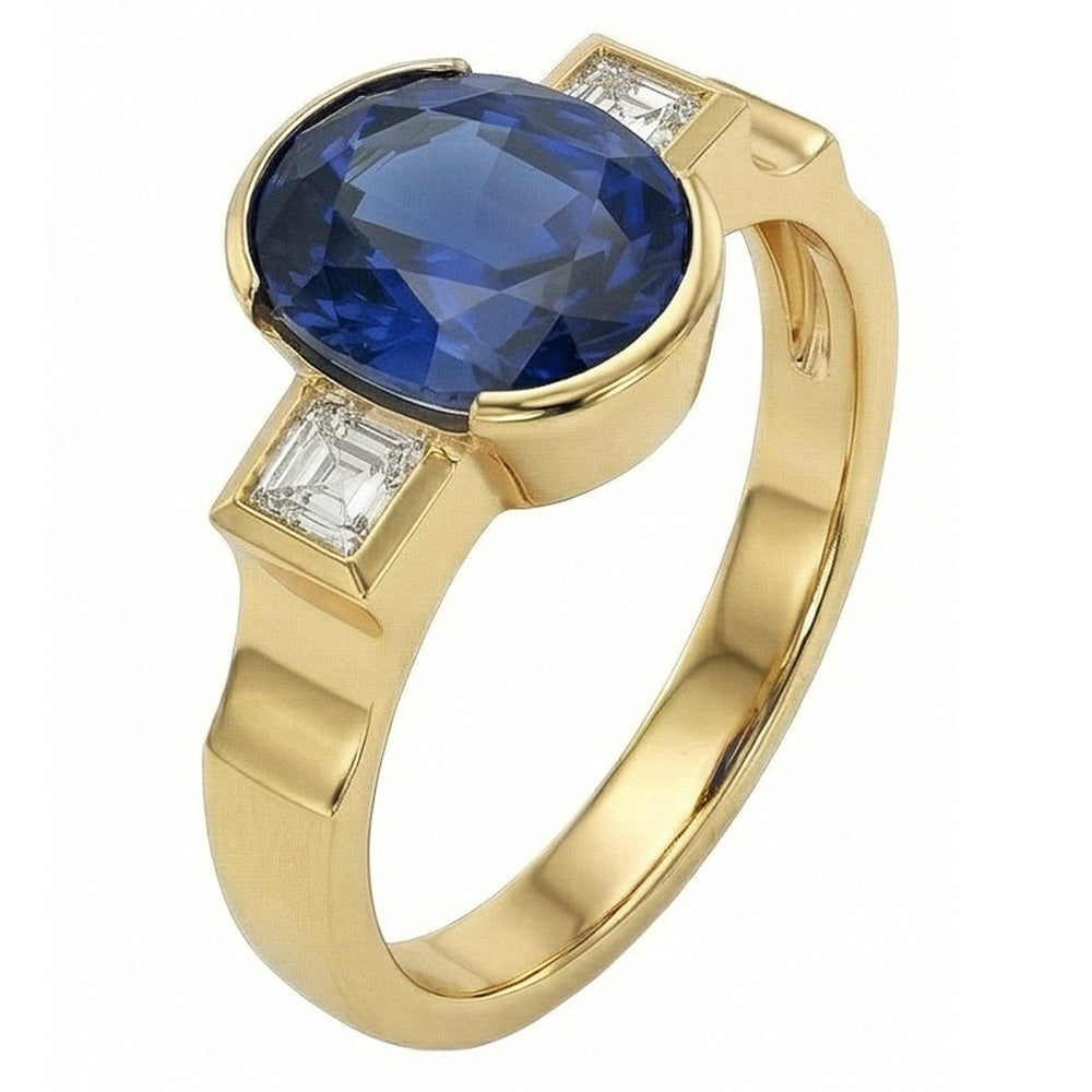 3.61 Ct Natural Earth Mined Diamonds 3-Stone Sri Lanka Blue Sapphire Bezel Ring