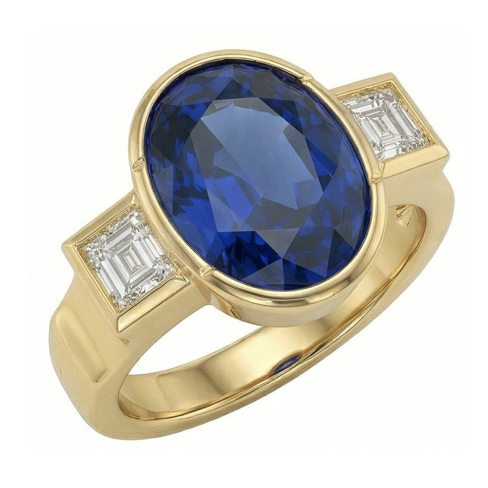3.61 Ct Natural Earth Mined Diamonds 3-Stone Sri Lanka Blue Sapphire Bezel Ring