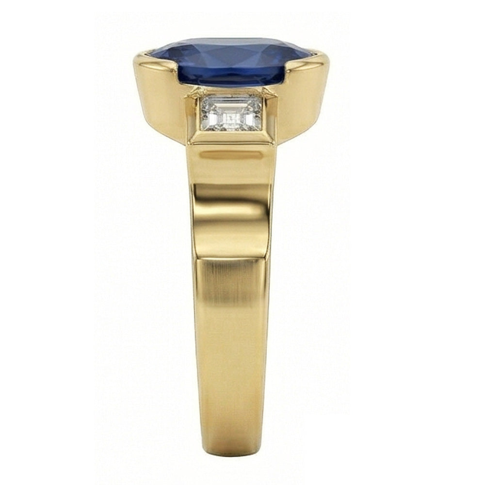 3.61 Ct Natural Earth Mined Diamonds 3-Stone Sri Lanka Blue Sapphire Bezel Ring
