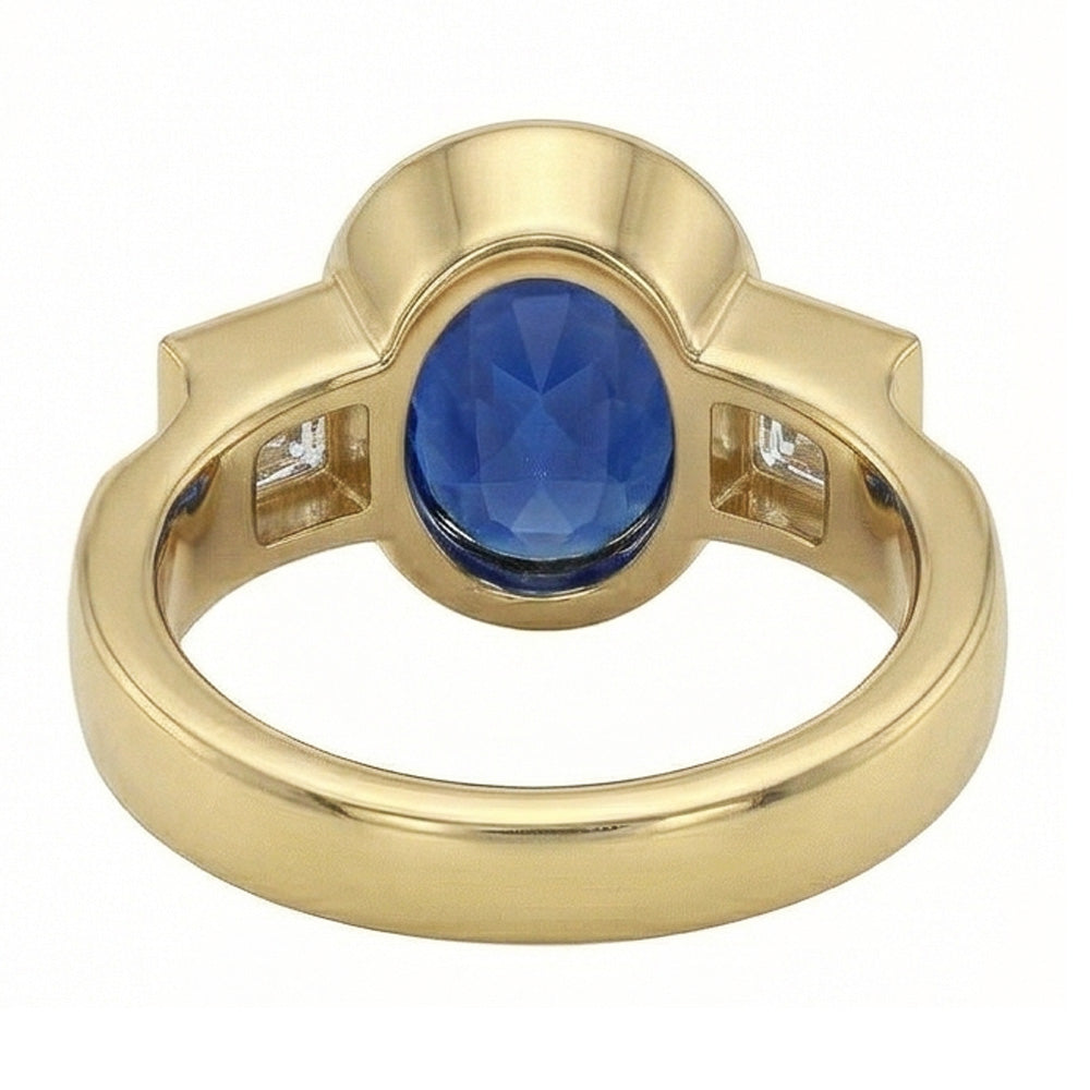 3.61 Ct Natural Earth Mined Diamonds 3-Stone Sri Lanka Blue Sapphire Bezel Ring