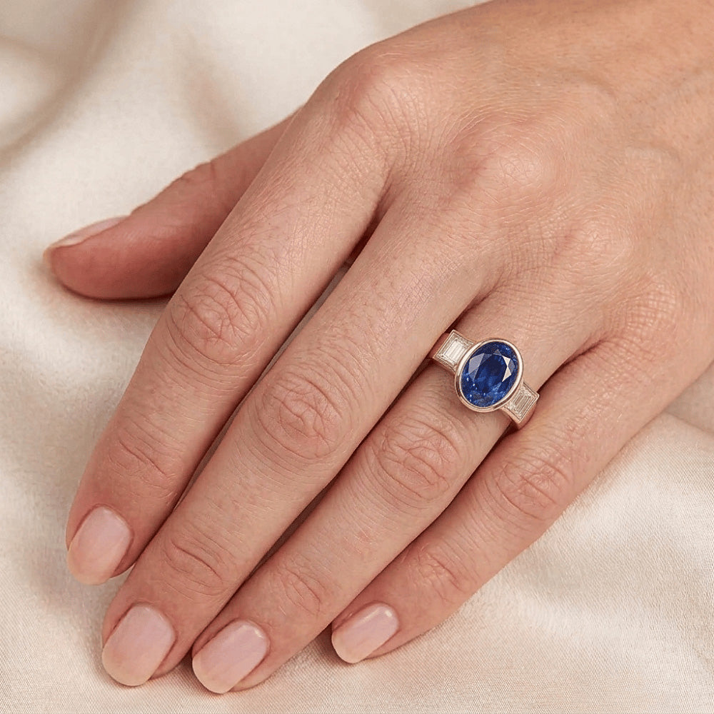 3.61 Ct Natural Earth Mined Diamonds 3-Stone Sri Lanka Blue Sapphire Bezel Ring