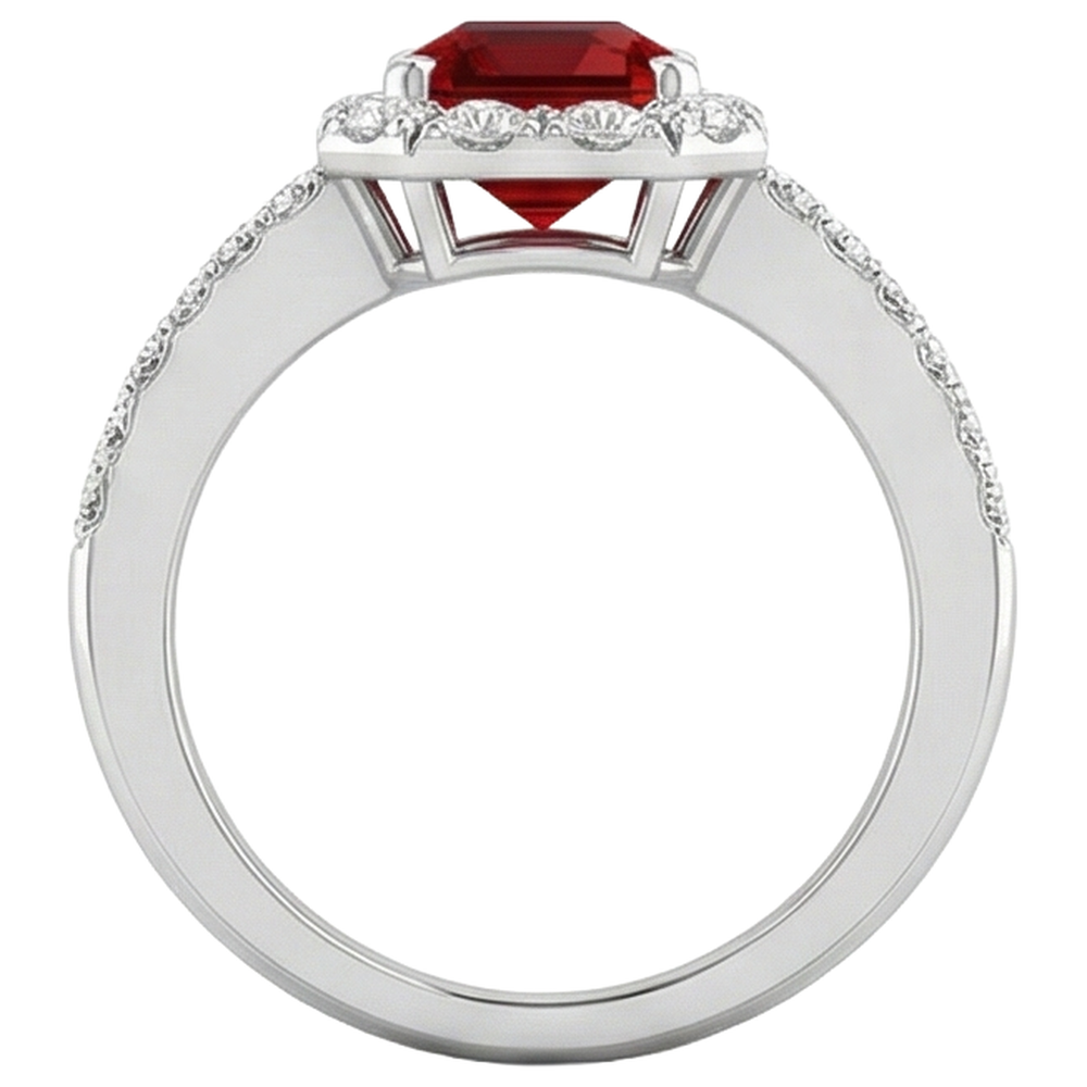 3.75 Carats Emerald Cut Ruby And Round Natural Earth Mined Diamonds Ring 14K White Gold