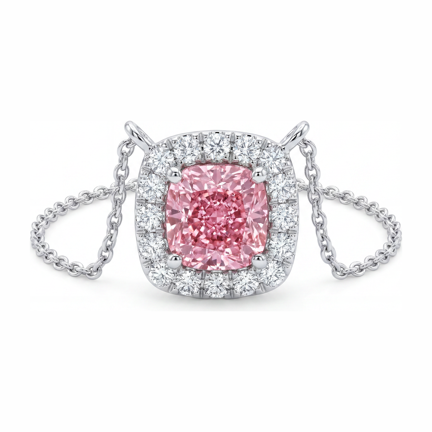 3.75 Carat Cushion Pink Lab Grown Diamond and White Diamond Halo Pendant 14K White Gold