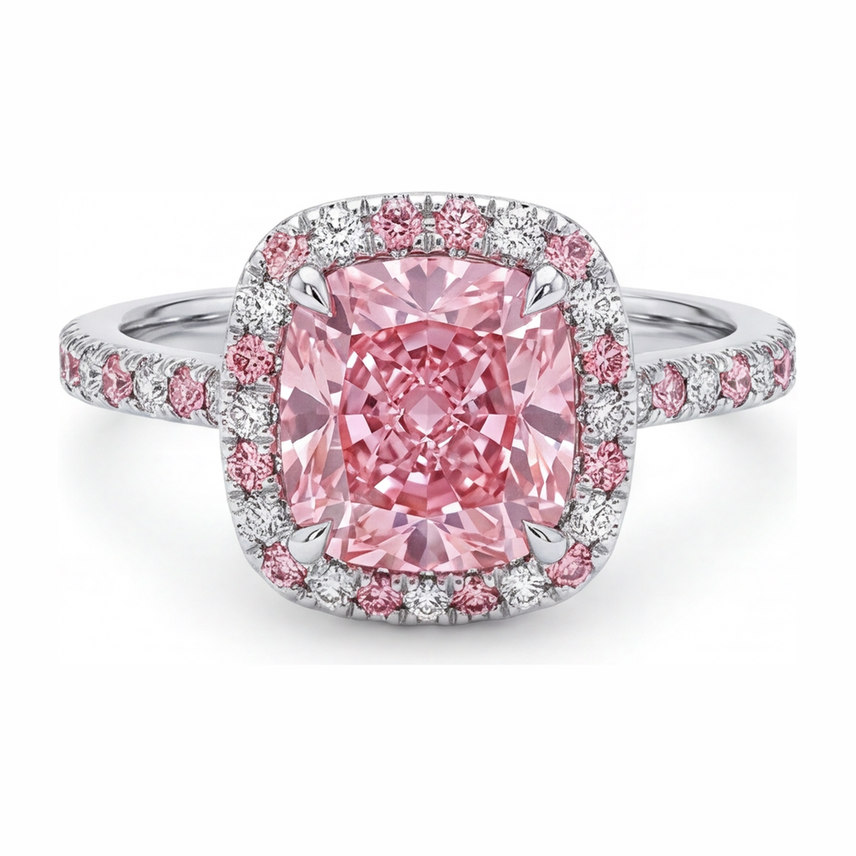 3.75 Carat Cushion Pink Lab Grown Diamond and White Diamond Halo Ring 14K White Gold