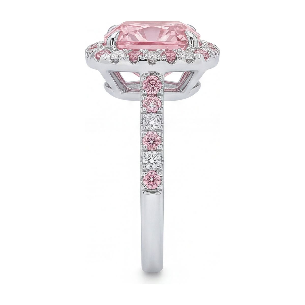 3.75 Carat Cushion Pink Lab Grown Diamond and White Diamond Halo Ring 14K White Gold