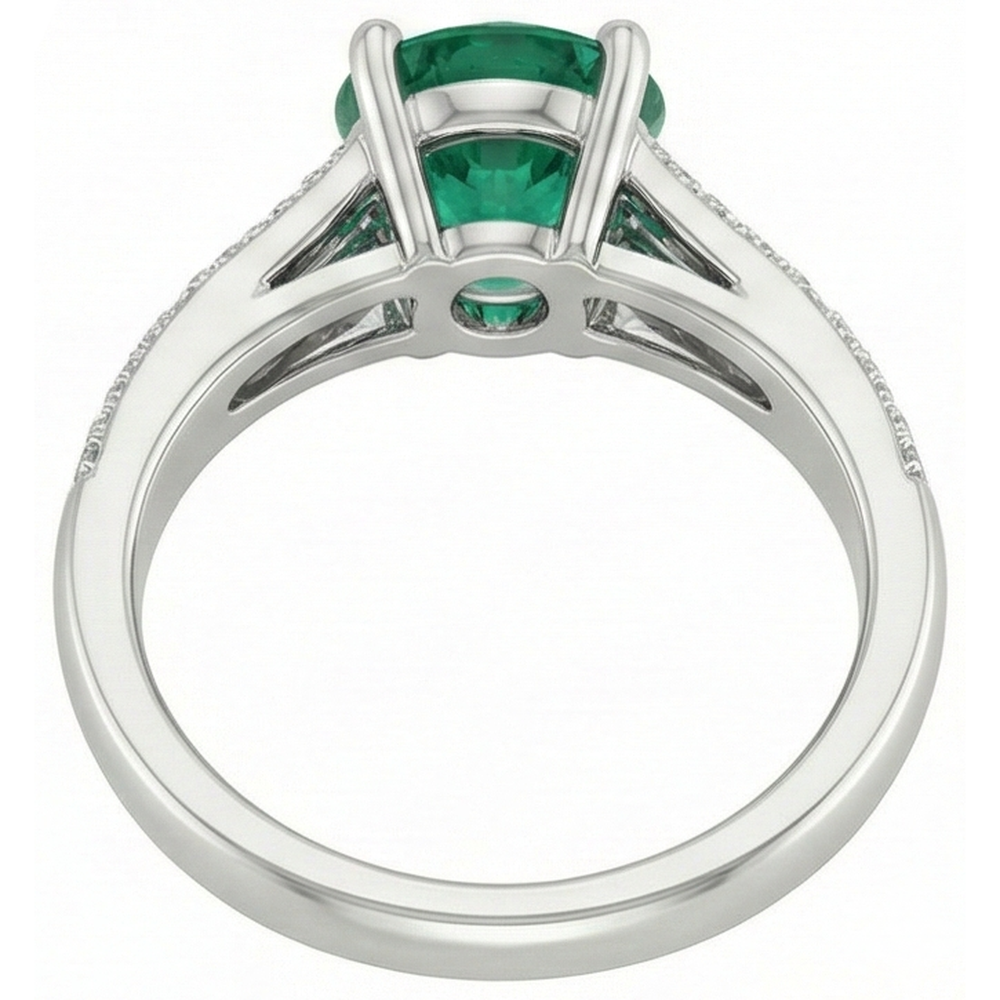 3 Carats Gemstone Round Green Emerald GIA & Natural Earth Mined Diamonds Ring White Gold