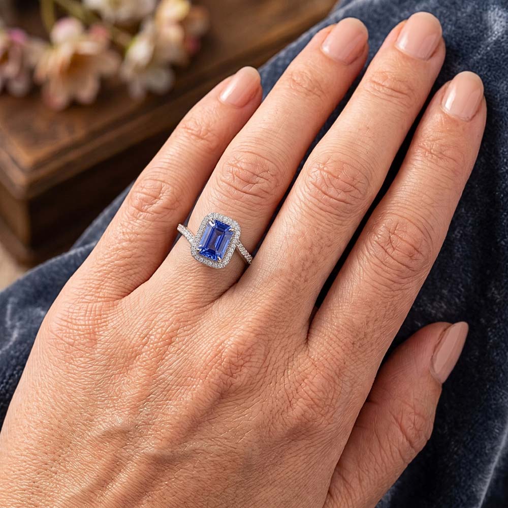 3 Carats Halo Blue Sapphire Engagement Ring Tension Style Pave Natural Earth Mined Diamond