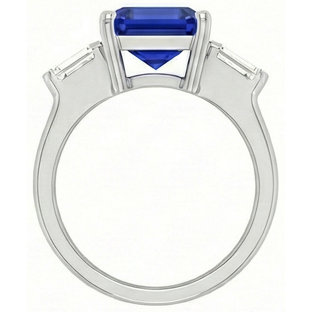 3 Stone Baguette Natural Earth Mined Diamond Ring Asscher Ceylon Blue Sapphire 4 Carats