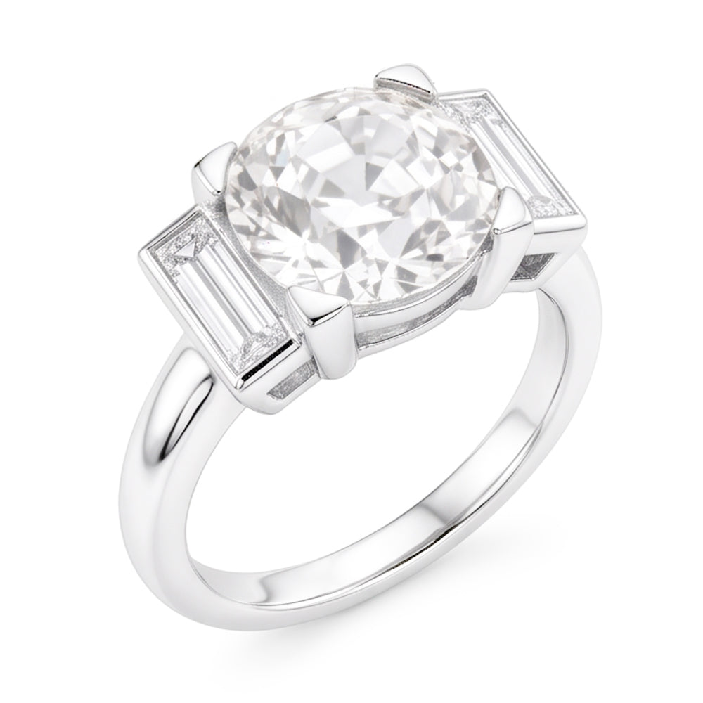 3 Stone Baguette & Round Old Miner Natural Real Diamond ( Not Lab Grown ) Ring 4.30 Carats 14K Gold