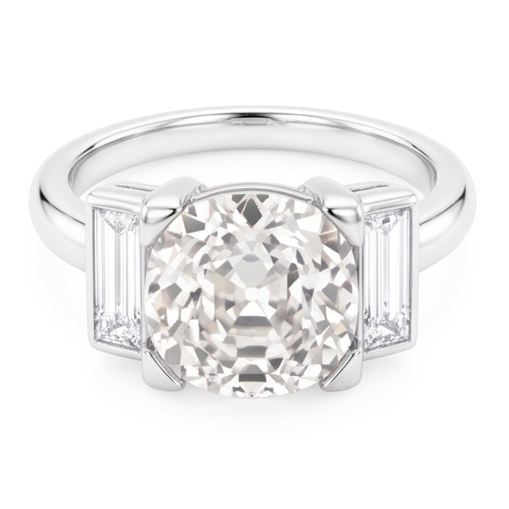 3 Stone Baguette & Round Old Miner Natural Real Diamond ( Not Lab Grown ) Ring 4.30 Carats 14K Gold
