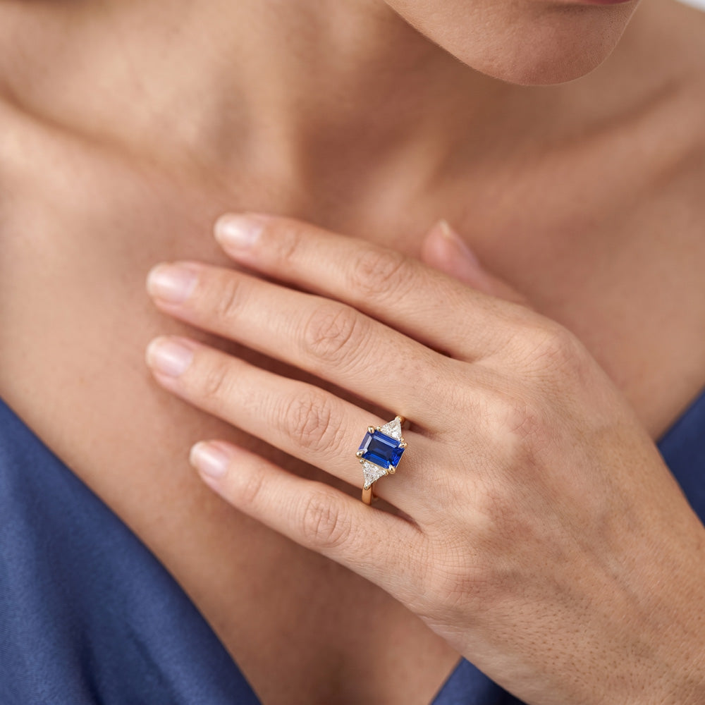 3 Stone Emerald Blue Sapphire Ring With Trillion Natural Earth Mined Diamonds 2.50 Carats