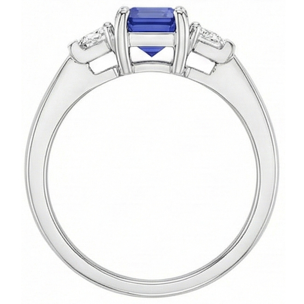 3 Stone Emerald Blue Sapphire Ring & Trapezoid Natural Earth Mined Diamonds 1.50 Carats