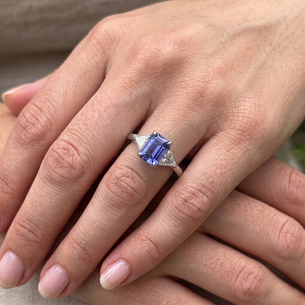 3 Stone Emerald Blue Sapphire Ring & Trillion Pair Natural Earth Mined Diamonds 2 Carats