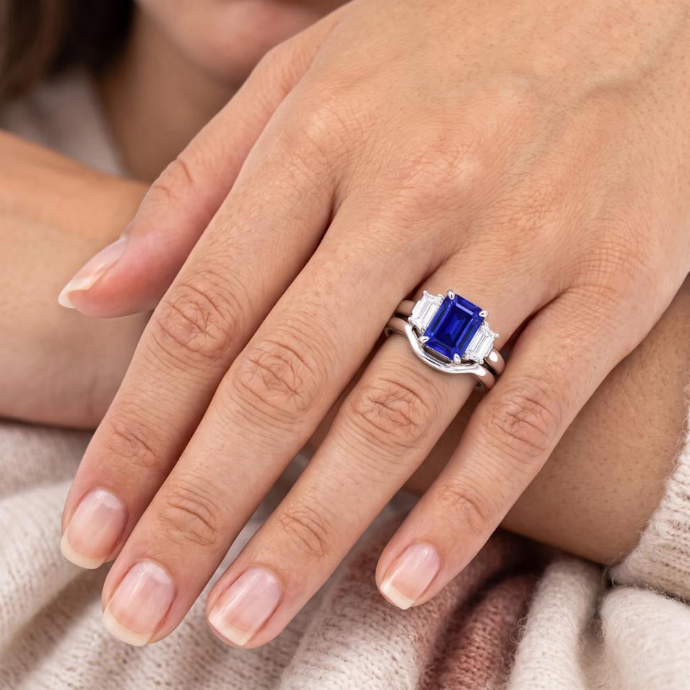 3 Stone Emerald Blue Sapphire & Baguette Natural Earth Mined Diamond Ring Set 1.75 Carats