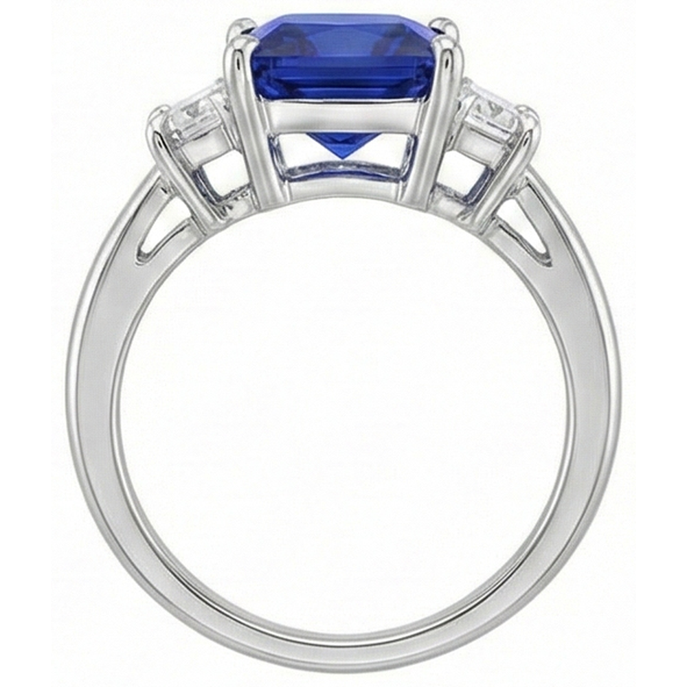 3 Stone Gold Ring Princess Blue Sapphire & Trapezoid Natural Earth Mined Diamonds 4 Carats