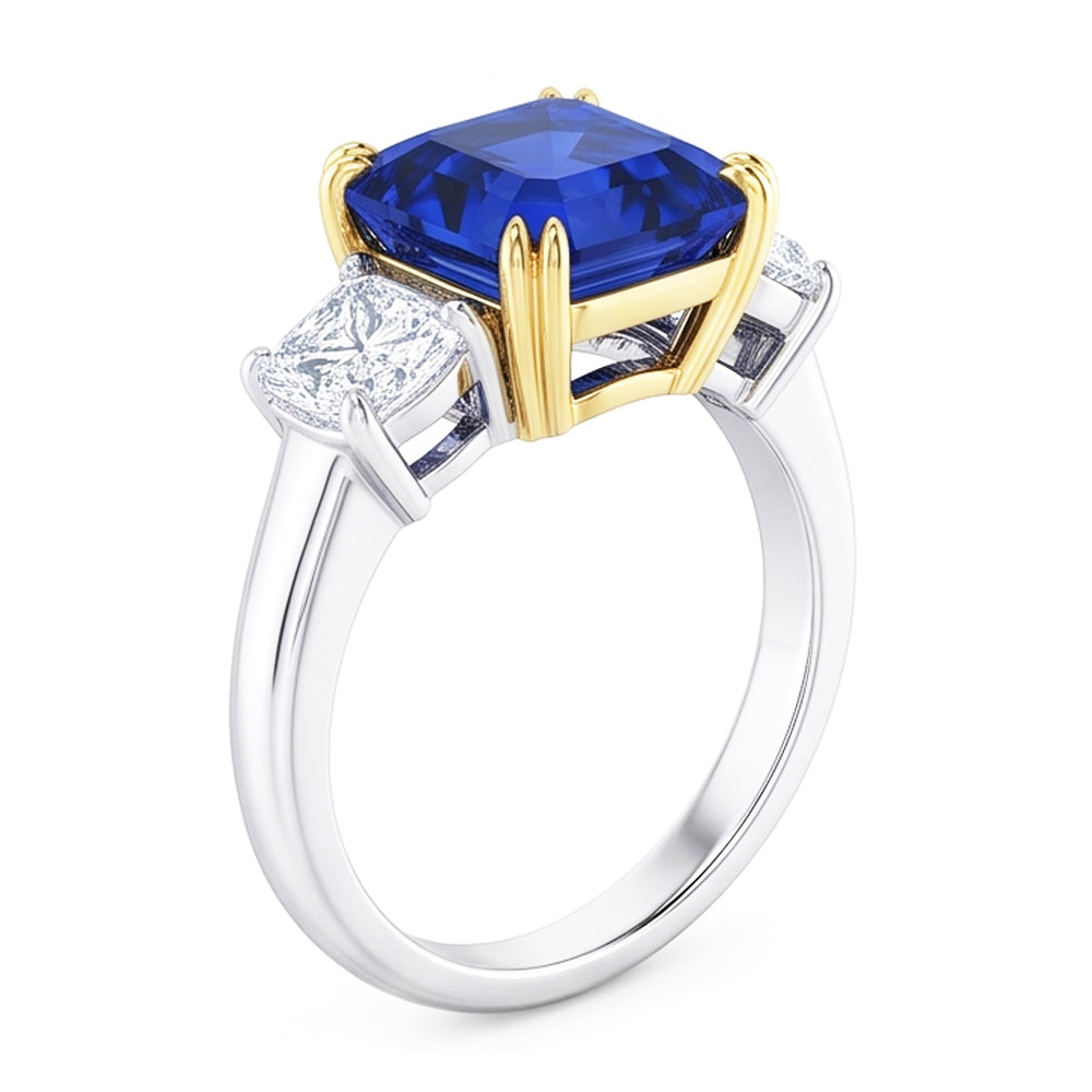 3 Stone Radiant Natural Earth Mined Diamond & Asscher Sapphire Ring 2.50 Carats Two Tone