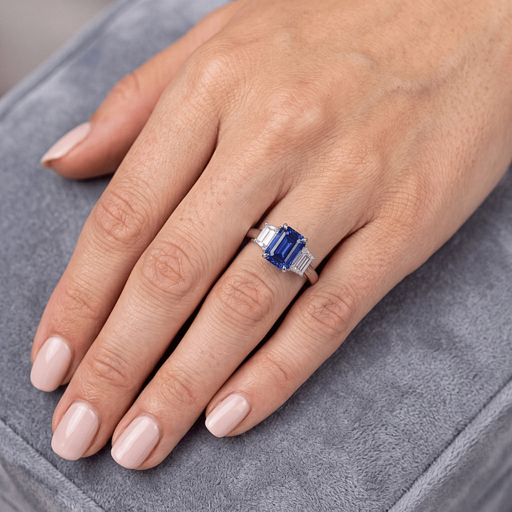 3 Stone Ring Asscher Cut Blue Sapphire & Trapezoid Natural Earth Mined Diamonds 2 Carats