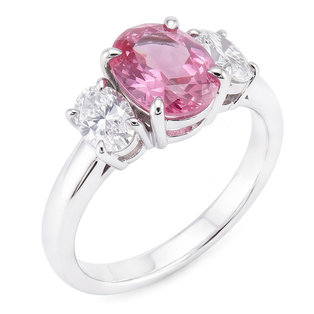 3 Stone Ring Pink Sapphire With Natural Earth Mined Diamonds 3.50 Carats White Gold 14K