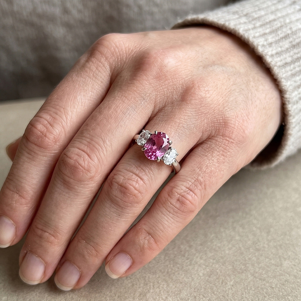 3 Stone Ring Pink Sapphire With Natural Earth Mined Diamonds 3.50 Carats White Gold 14K