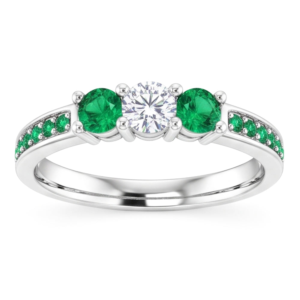 3 Stone Ring Round Natural Earth Mined Diamond 1.07 Carats Columbian Emerald
