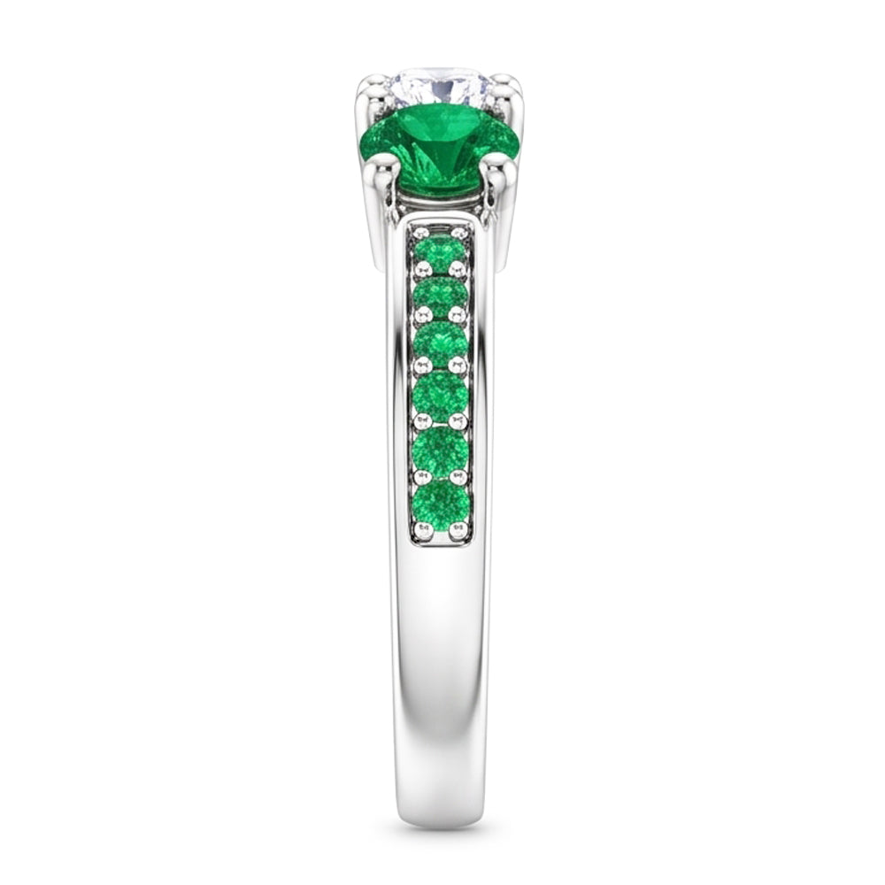 3 Stone Ring Round Natural Earth Mined Diamond 1.07 Carats Columbian Emerald