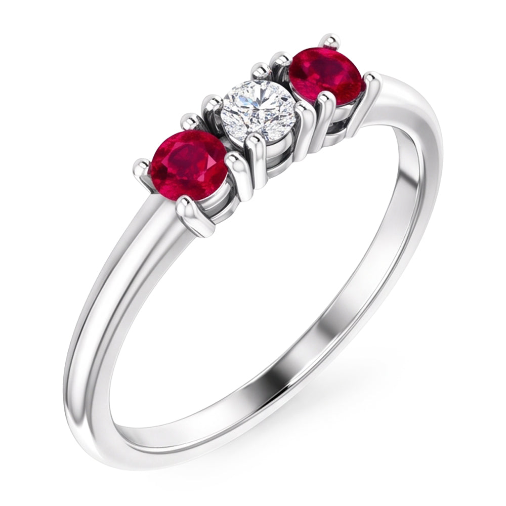 3 Stone Ring Round Natural Earth Mined Diamond Ruby 0.60 Carats White Gold 14K