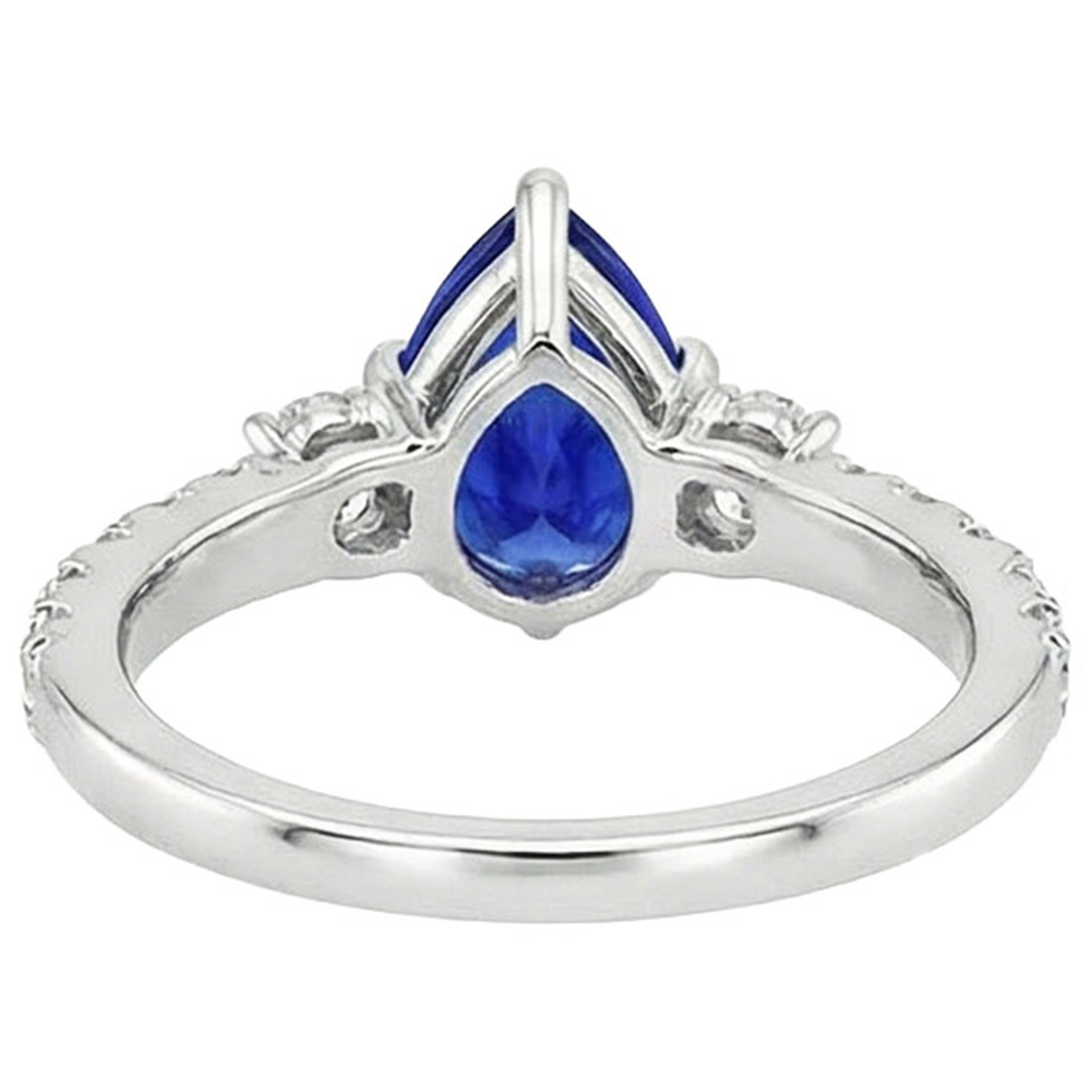 3 Stone Ring With Accents Pear Blue Sapphire & Natural Earth Mined Diamonds 3.50 Carats