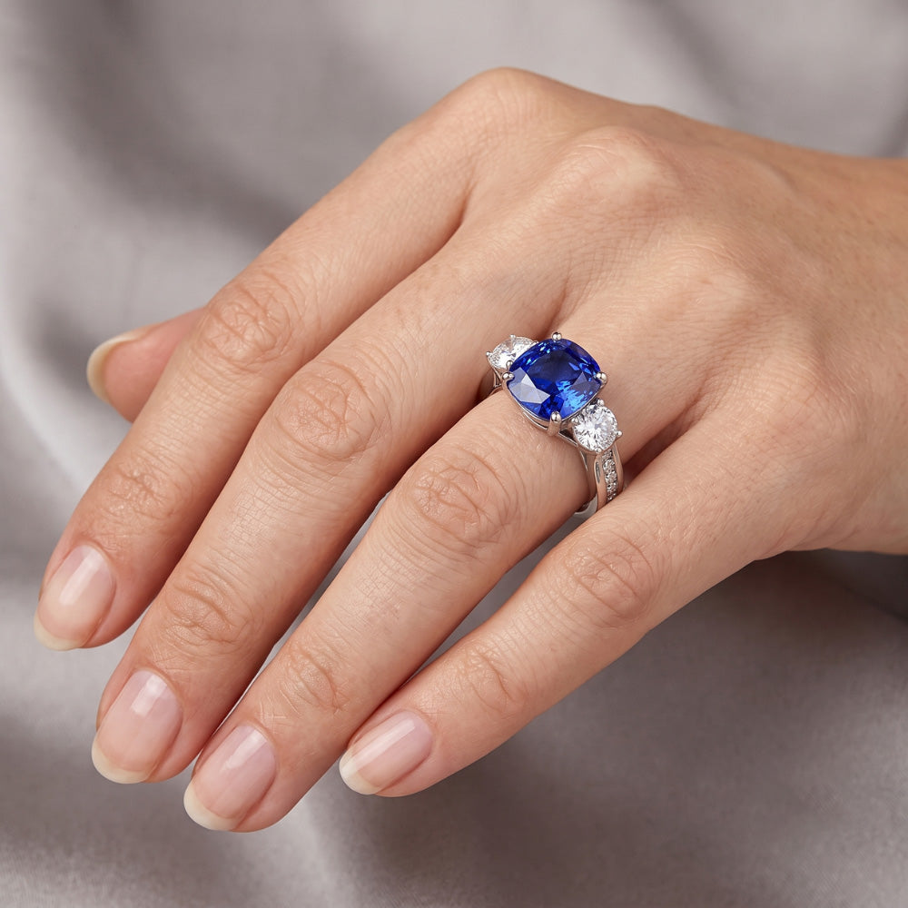 3 Stone Style Gemstone Ring Cushion Sapphire & Natural Earth Mined Diamonds 3.50 Carats