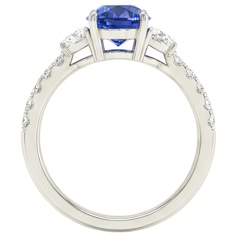 Natural Real ( Not Lab Grown ) 3 Stone Style Ring Oval Blue Sapphire 6.75 Carats Genuine White Gold