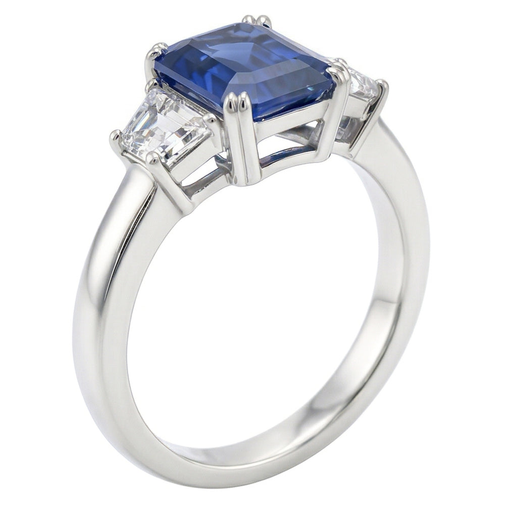 3 Stone Trapezoid Natural Earth Mined Diamond Jewelry 3 Carat Radiant Ceylon Sapphire Ring