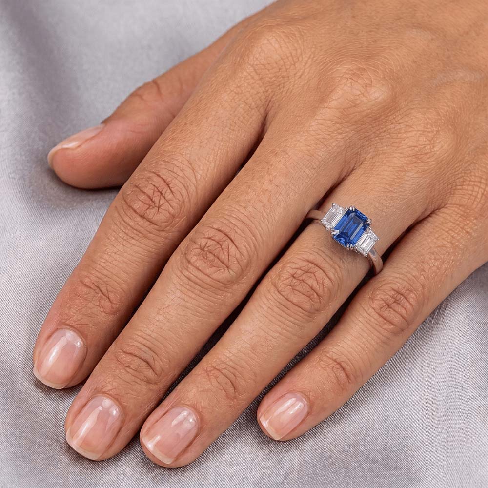 3 Stone Trapezoid Natural Earth Mined Diamond Jewelry 3 Carat Radiant Ceylon Sapphire Ring