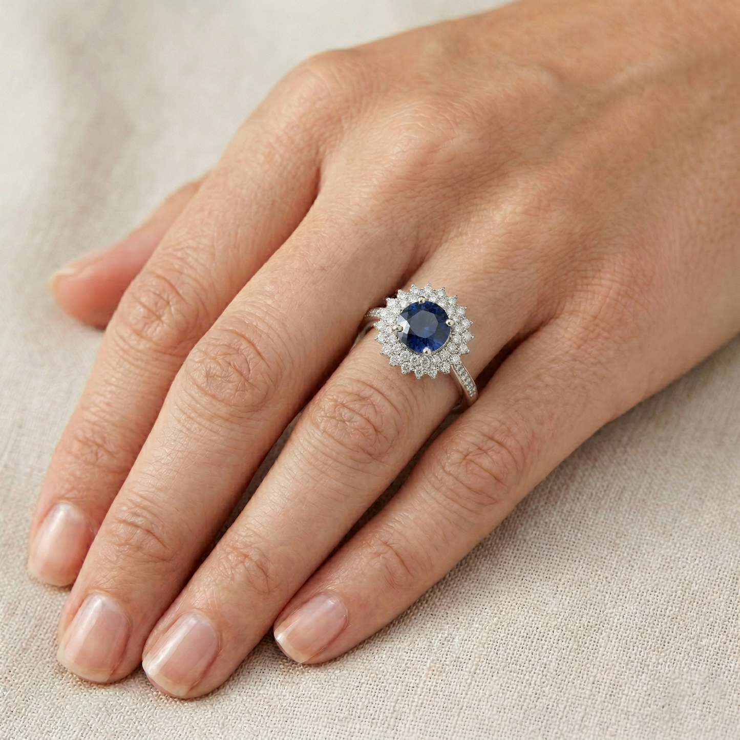 3.10 Ct Round Ceylon Blue Sapphire & Natural Earth Mined Diamonds Ring WG 14K