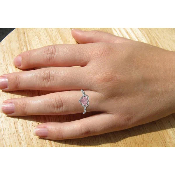 3.35 Carats Heart Pink Sapphire And Round Small Diamonds Gemstone Ring