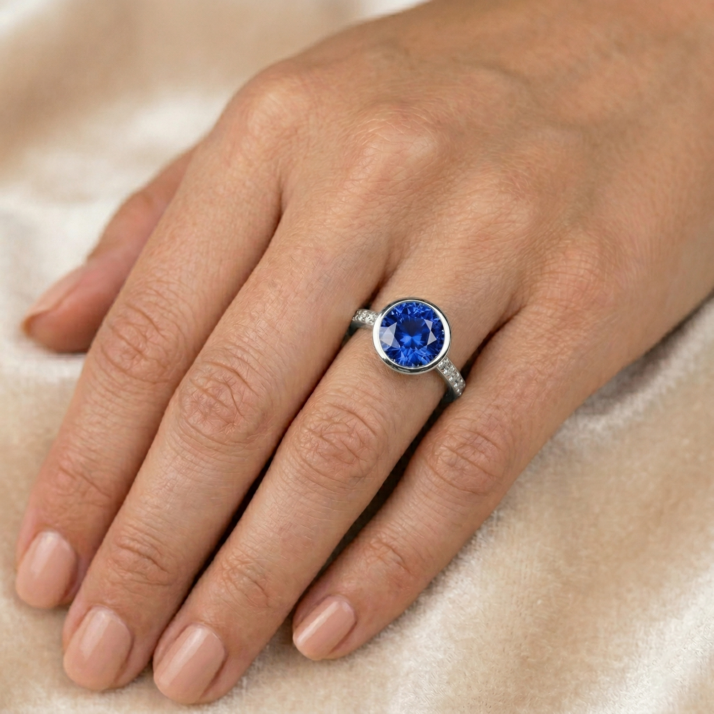 3.50 Ct Bezel Set Round Ceylon Sapphire & Natural Earth Mined Diamonds Ring White Gold 14K