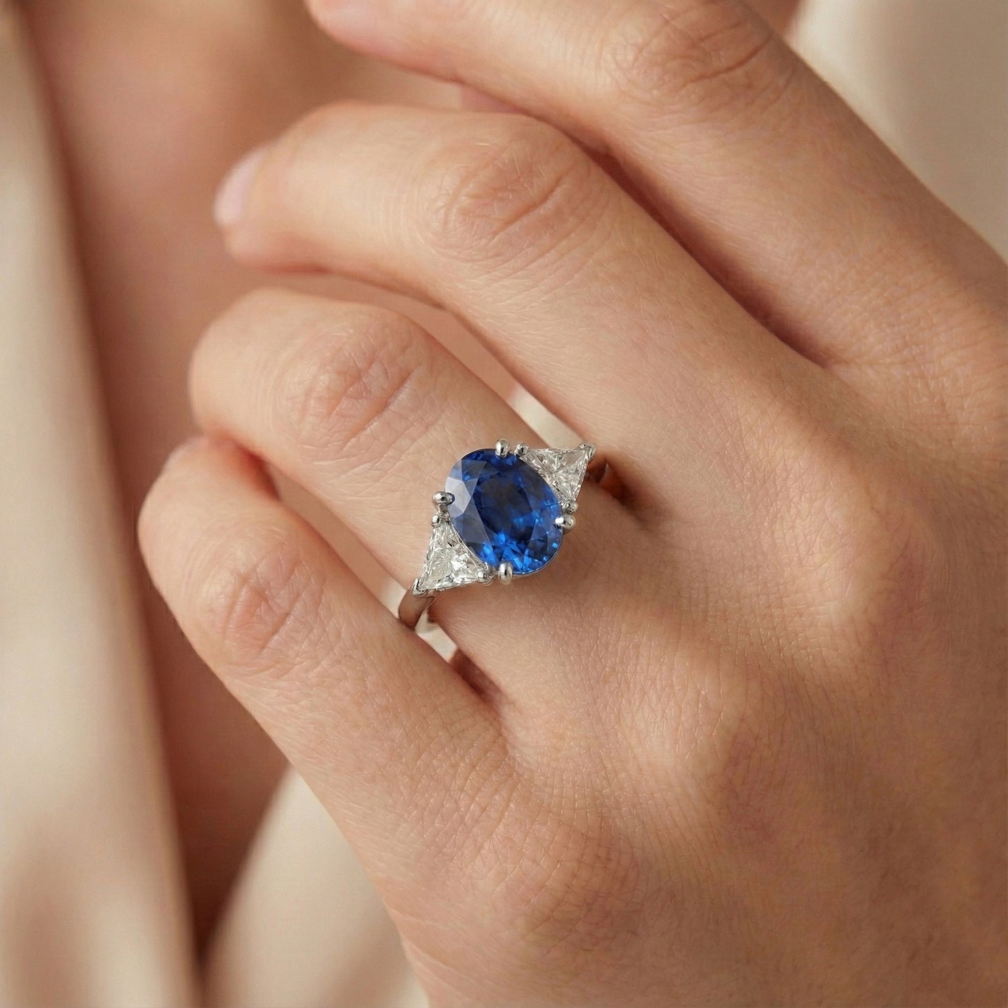 3.50 Ct Oval And Trillion Ceylon Sapphire Natural Earth Mined Diamonds Ring White Gold