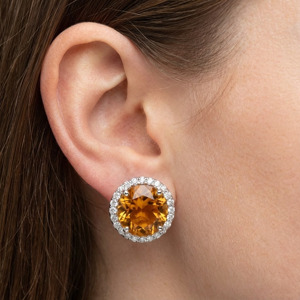 31.48 Ct Gold Women Studs Earrings Round Madeira Citrine With Natural Earth Mined Diamonds