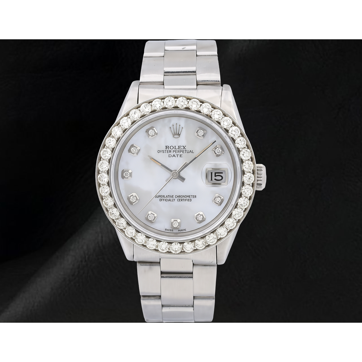 Rolex 34mm Oyster Bracelet 1500 White Mother Of Pearl Diamond Dial Watch