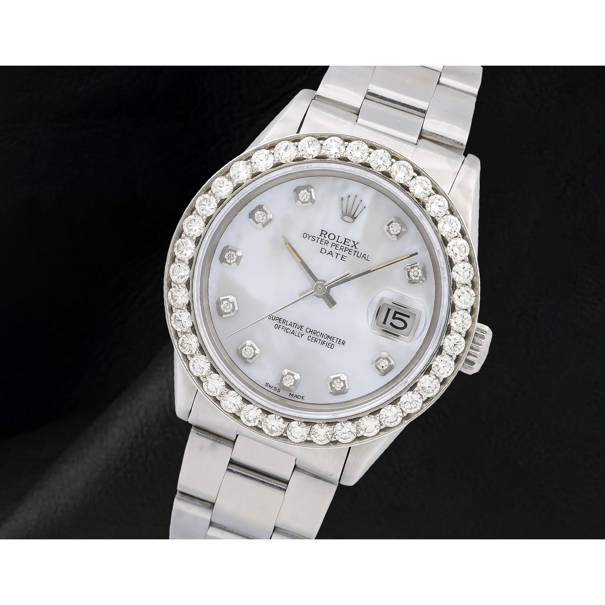 Rolex 34mm Oyster Bracelet 1500 White Mother Of Pearl Diamond Dial Watch