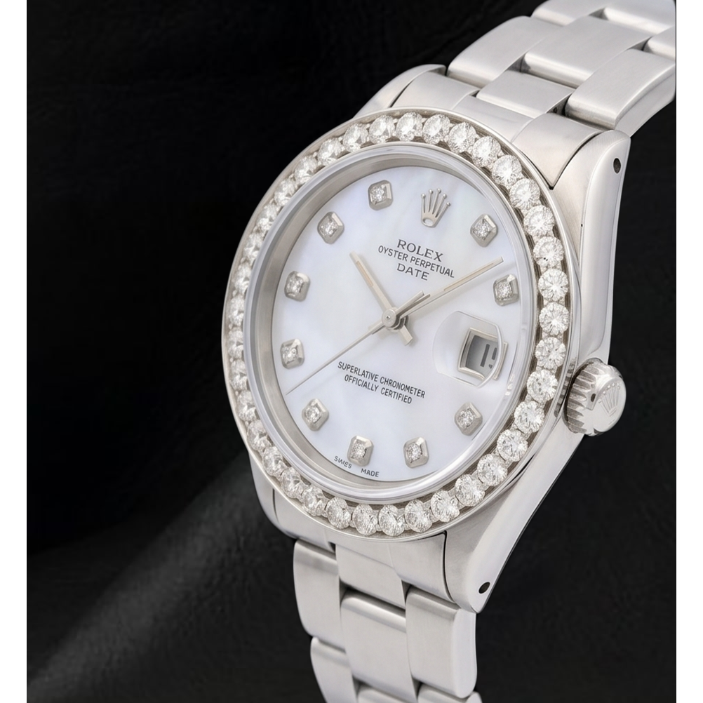 Rolex 34mm Oyster Bracelet 1500 White Mother Of Pearl Diamond Dial Watch