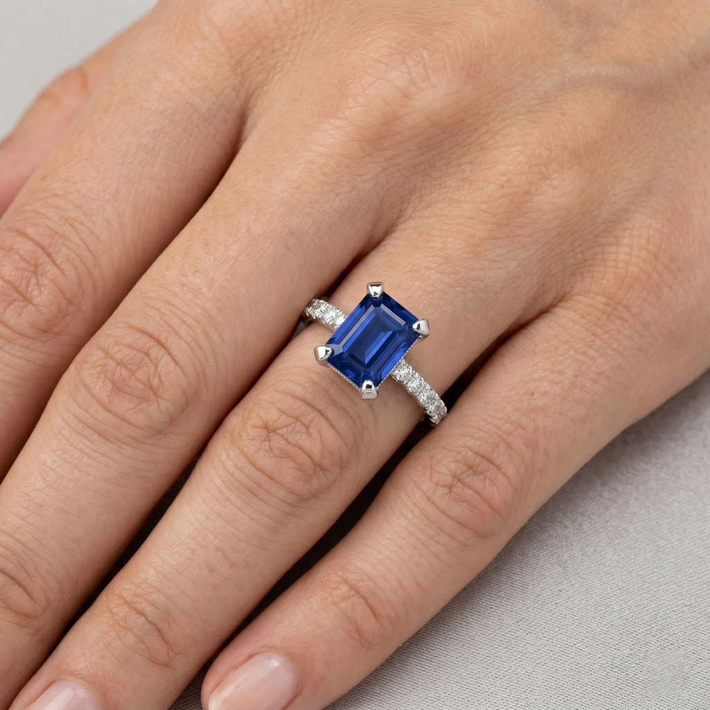 3 Carats Emerald And Round Ceylon Sapphire Natural Earth Mined Diamond Ring Prong Set
