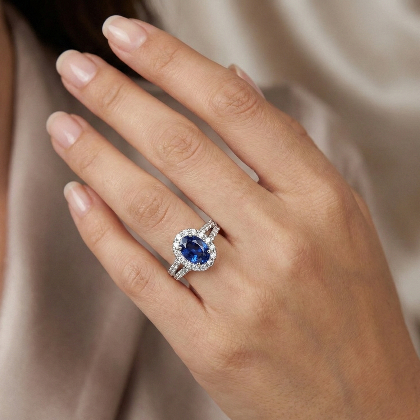 3 Ct Oval Blue Sapphire And Round Natural Earth Mined Diamonds Ring White Gold 14K