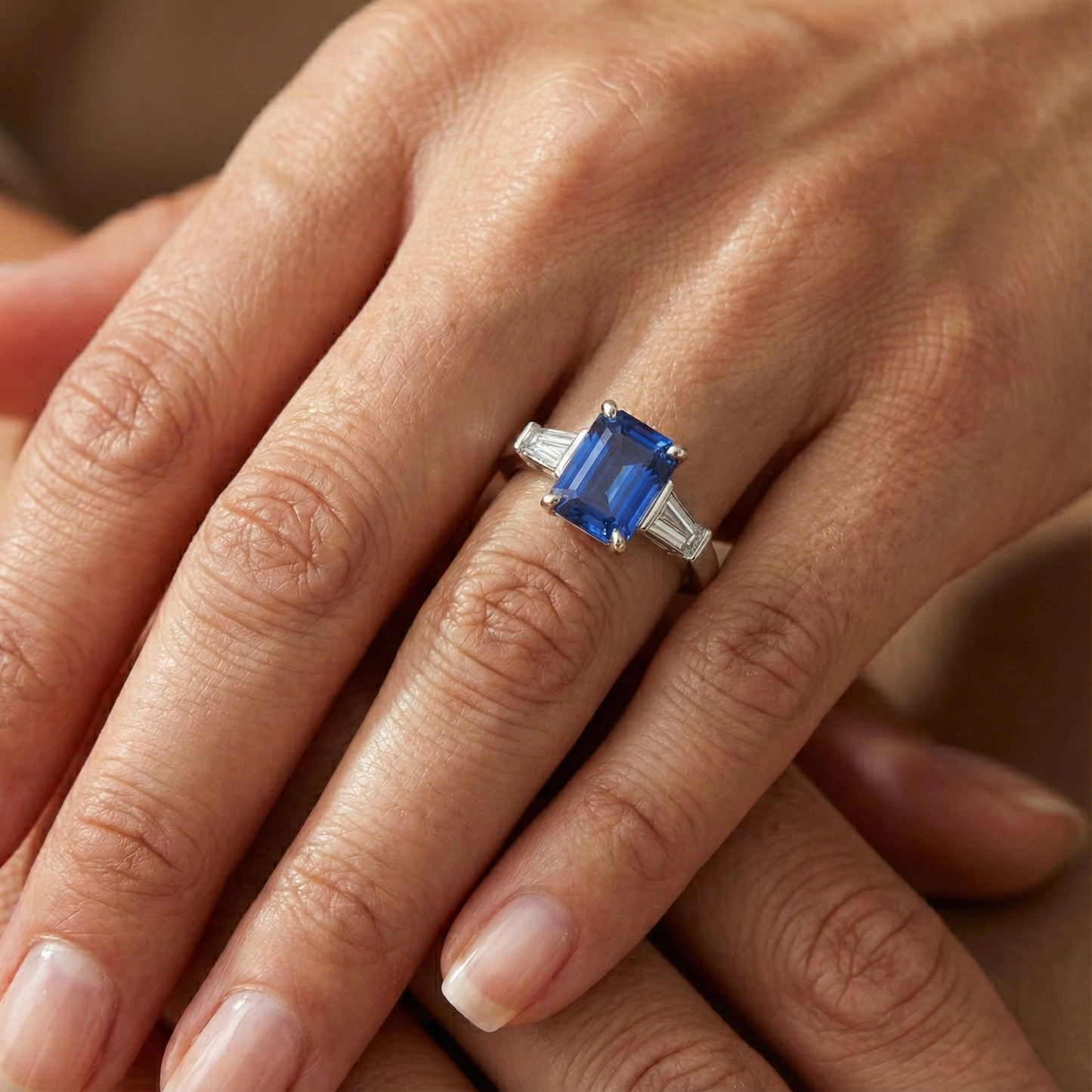 3 Stone Baguette Natural Earth Mined Diamond Sapphire Ring