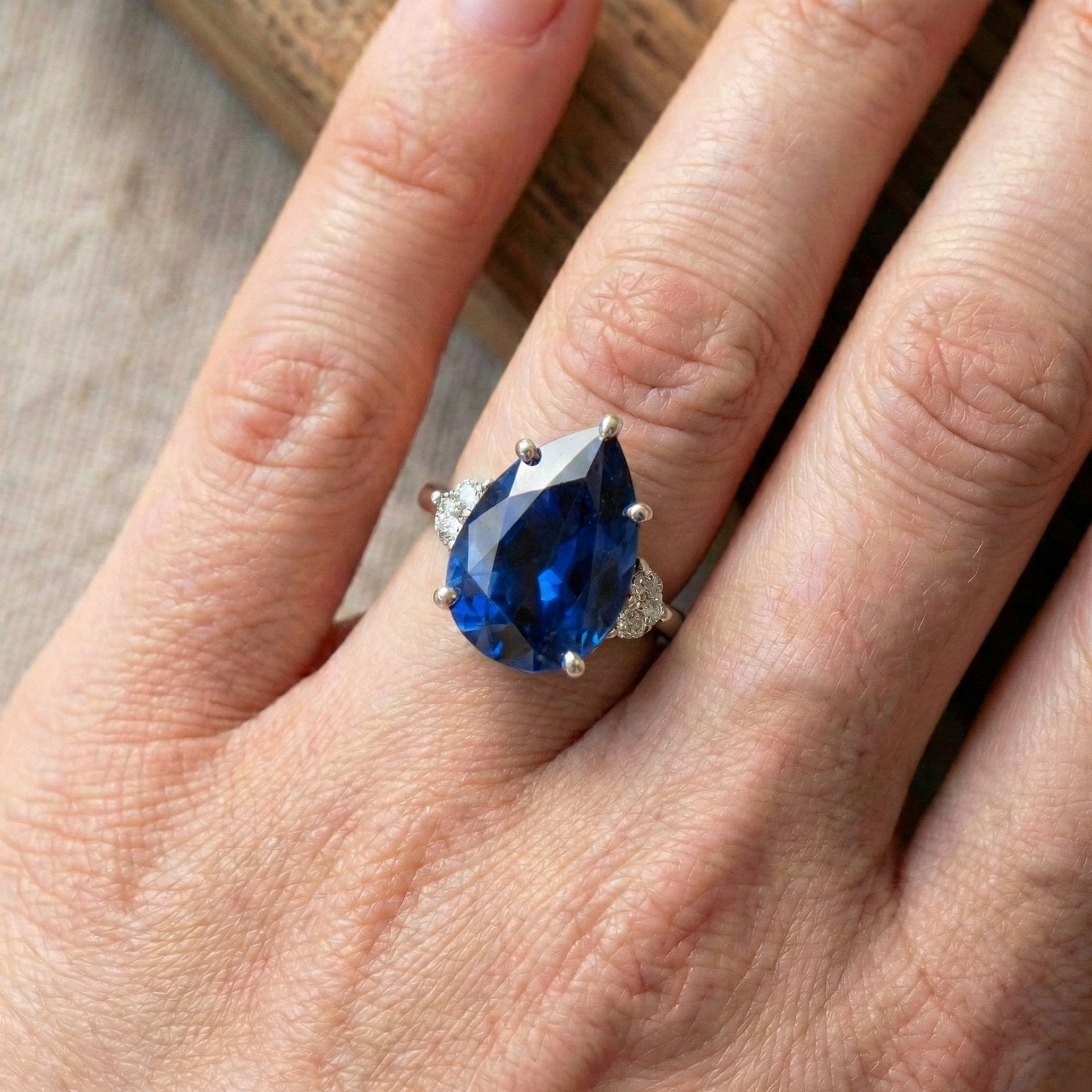 3 Stone Natural Earth Mined Diamond & Blue Sapphire Ring 6.75 Carats Tapered Shank Gold