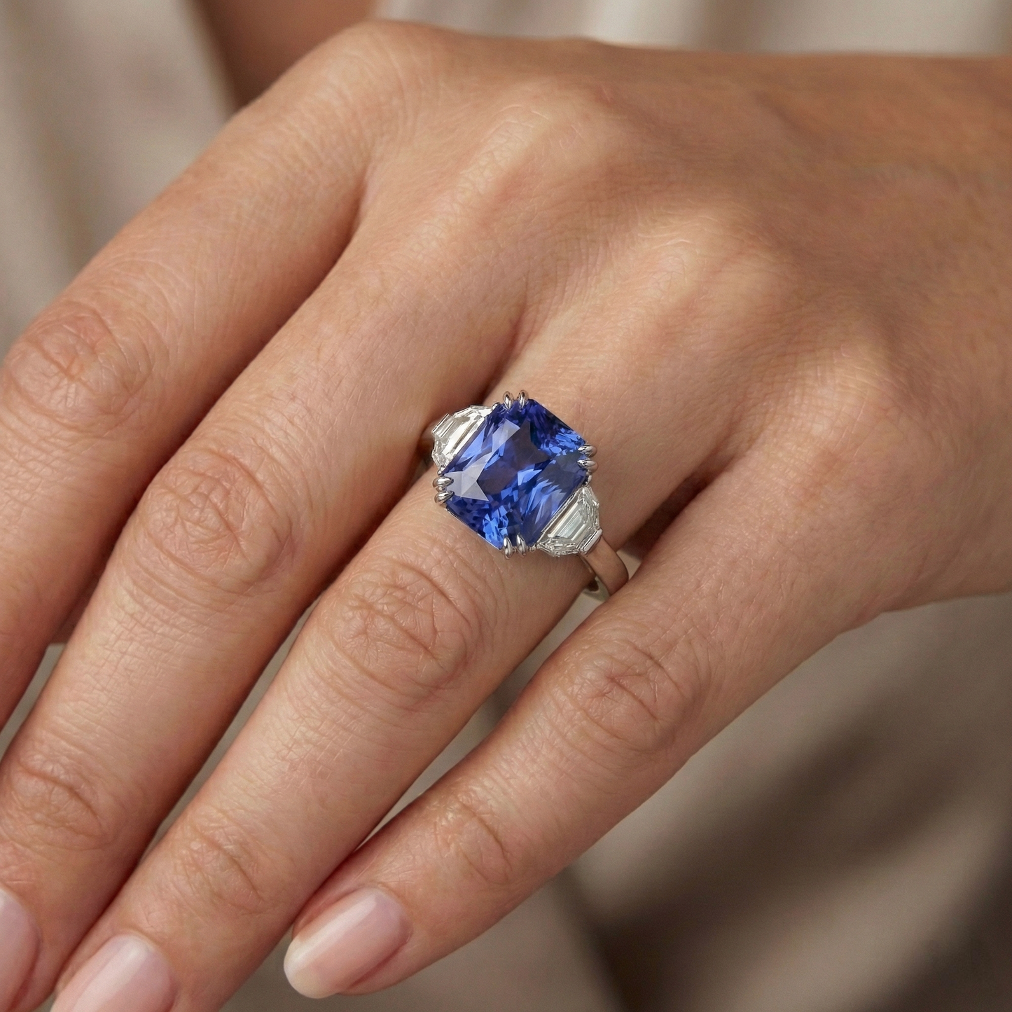 3 Stone Ring Double Prong Radiant Sapphire 4 Carats Half Moon Natural Earth Mined Diamonds