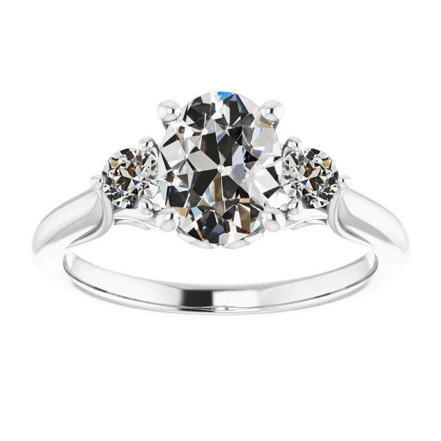3 Stone Round & Oval Old Miner Diamond Ring 4 Carats 14K Gold