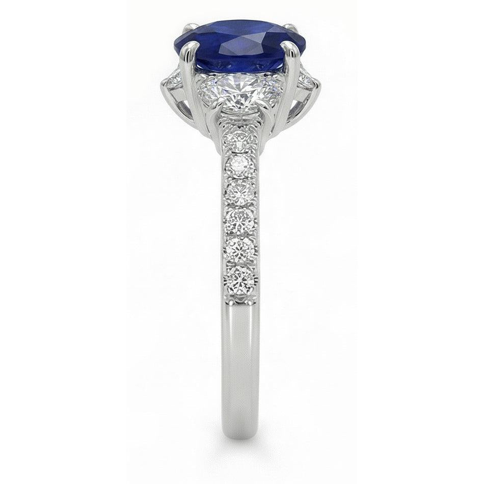 3 Stone Style Oval Ceylon Sapphire & Half Moon Natural Earth Mined Diamonds Ring 11 Carats
