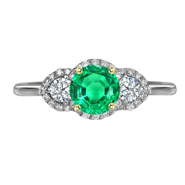 3 Stone Style Ring Halo Green Emerald Thin Band