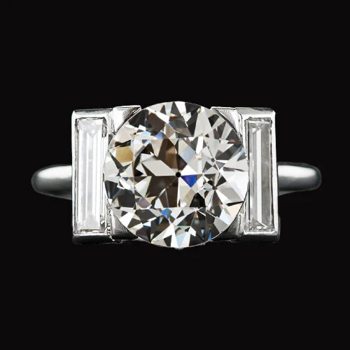 3 Stone Baguette & Round Old Miner Large Lab Grown Diamond Ring 8 Carats 14K Gold