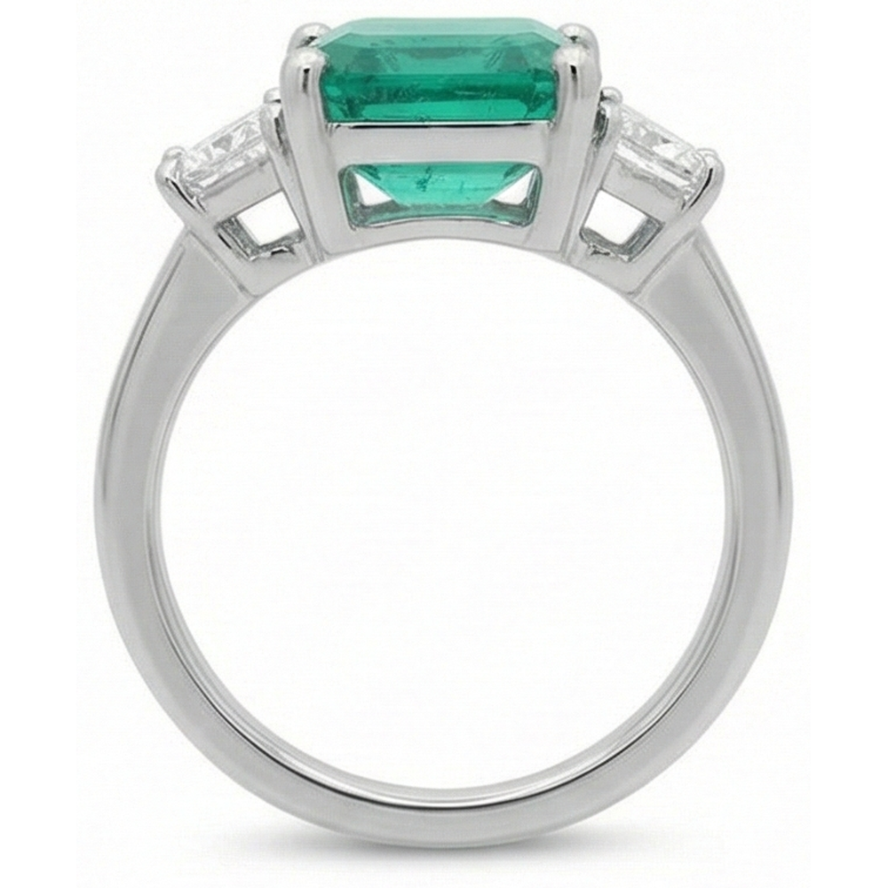 4.25 Carats Green Emerald GIA Natural Earth Mined Diamond Three Stone Ring White Gold 14K New